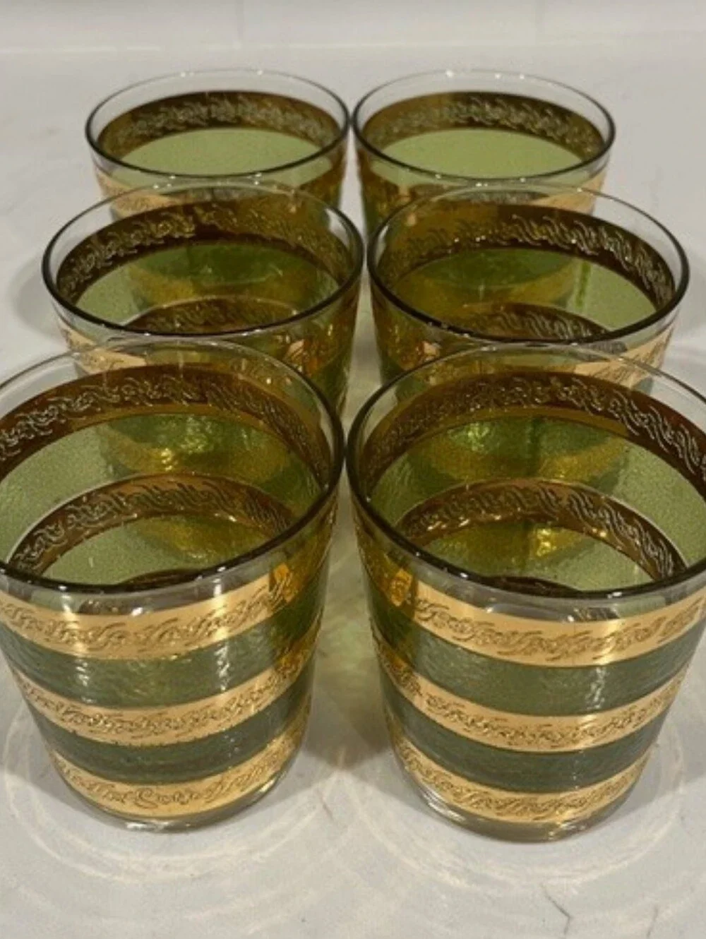 Vintage MCM Culver Starlyte‎ Green & Gold Old Fashioned Glassware - Set of 6 EUC